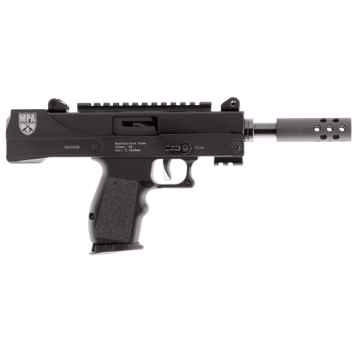 MasterPiece Arms Defender 5.7x28mm 20+1 - 5" Threaded Barrel with Muzzle Brake, Machined Aluminum Lower Receiver with Picatinny Rail, Compatible with FN 57 Magazines, Aluminum Grips - 57DMG MasterPiece Arms Defender 5.7x28mm 20+1 - 5" Threaded Barrel with Muzzle Brake, Machined Aluminum Lower Receiver with Picatinny Rail, Compatible with FN 57 Magazines, Aluminum Grips - 57DMG