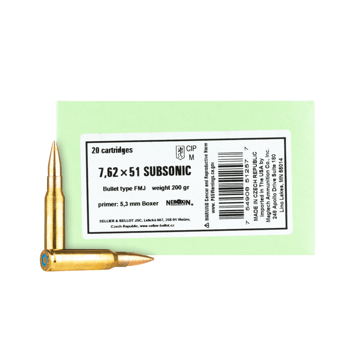 Sellier & Bellot Rifle 308 Win 200 gr Full Metal Jacket Subsonic - 20 Rounds Per Box, 25 Boxes Per Case - SB762SUBB Sellier & Bellot Rifle 308 Win 200 gr Full Metal Jacket Subsonic - 20 Rounds Per Box, 25 Boxes Per Case - SB762SUBB