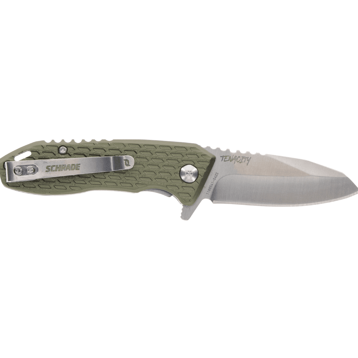 Schrade Green Tenacity Folding Modified Drop Point Part Serrated Satin AUS-10A SS Blade - 1159317 Schrade Green Tenacity Folding Modified Drop Point Part Serrated Satin AUS-10A SS Blade - 1159317