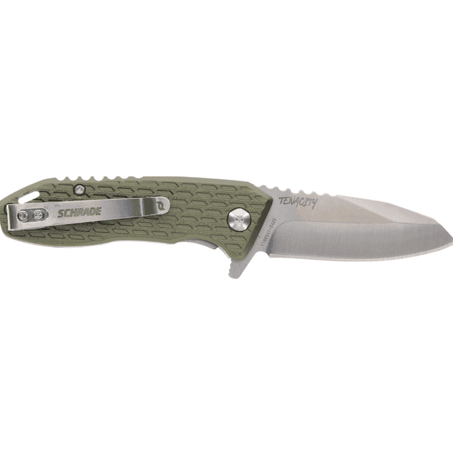 Schrade Green Tenacity Folding Modified Drop Point Part Serrated Satin AUS-10A SS Blade - 1159317 Schrade Green Tenacity Folding Modified Drop Point Part Serrated Satin AUS-10A SS Blade - 1159317