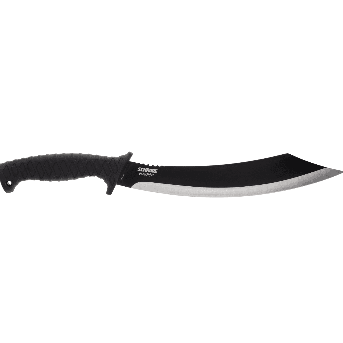 Schrade Decimate Parang 11.75" Fixed Parang Plain Black Oxide 3Cr13 Steel Blade, 6.75" Black Rubber Overmold Handle with Sheath - 1182527 Schrade Decimate Parang 11.75" Fixed Parang Plain Black Oxide 3Cr13 Steel Blade, 6.75" Black Rubber Overmold Handle with Sheath - 1182527