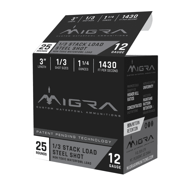 Migra Ammunitions Staxd 12 Gauge 3" - 1 1/4 oz, 1/3 Shot, 25 Rounds/Box, 10 Boxes/Case - M12S13 Migra Ammunitions Staxd 12 Gauge 3" - 1 1/4 oz, 1/3 Shot, 25 Rounds/Box, 10 Boxes/Case - M12S13
