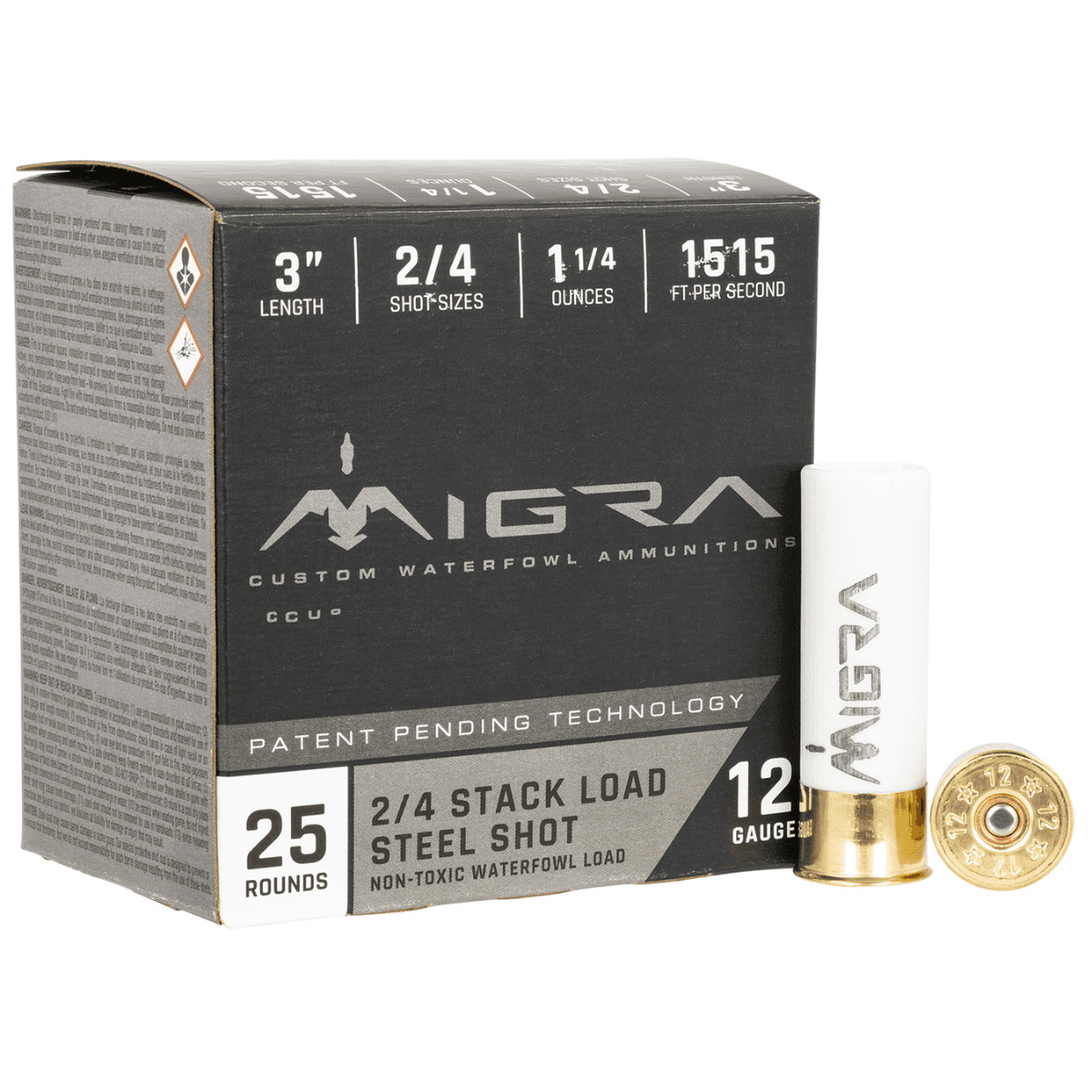Migra Ammunitions Staxd 12 Gauge 3" - 1 1/4 oz, 2/4 Shot, 25 Rounds/Box, 10 Boxes/Case - M12S24 Migra Ammunitions Staxd 12 Gauge 3" - 1 1/4 oz, 2/4 Shot, 25 Rounds/Box, 10 Boxes/Case - M12S24