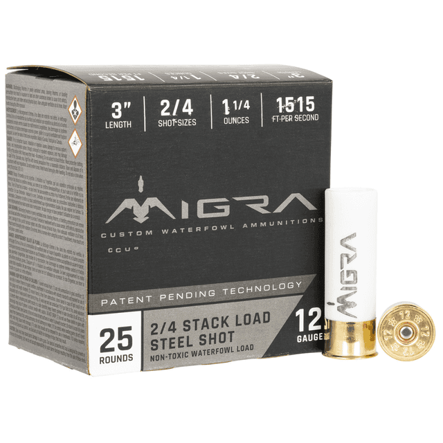 Migra Ammunitions Staxd 12 Gauge 3" - 1 1/4 oz, 2/4 Shot, 25 Rounds/Box, 10 Boxes/Case - M12S24 Migra Ammunitions Staxd 12 Gauge 3" - 1 1/4 oz, 2/4 Shot, 25 Rounds/Box, 10 Boxes/Case - M12S24