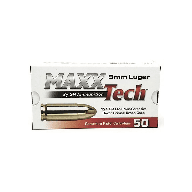 MaxxTech Brass Pistol 9mm Luger - 124 Grain Full Metal Jacket - 50 Rounds Per Box, 10 Boxes Per Case - PTGB912B MaxxTech Brass Pistol 9mm Luger - 124 Grain Full Metal Jacket - 50 Rounds Per Box, 10 Boxes Per Case - PTGB912B