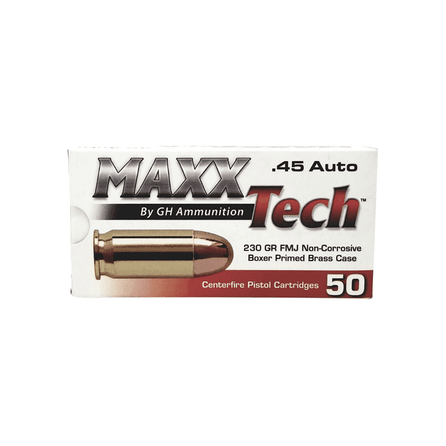 MaxxTech Brass Pistol 45 ACP - 230 Grain Full Metal Jacket - 50 Rounds Per Box, 10 Boxes Per Case - PTGB45B MaxxTech Brass Pistol 45 ACP - 230 Grain Full Metal Jacket - 50 Rounds Per Box, 10 Boxes Per Case - PTGB45B