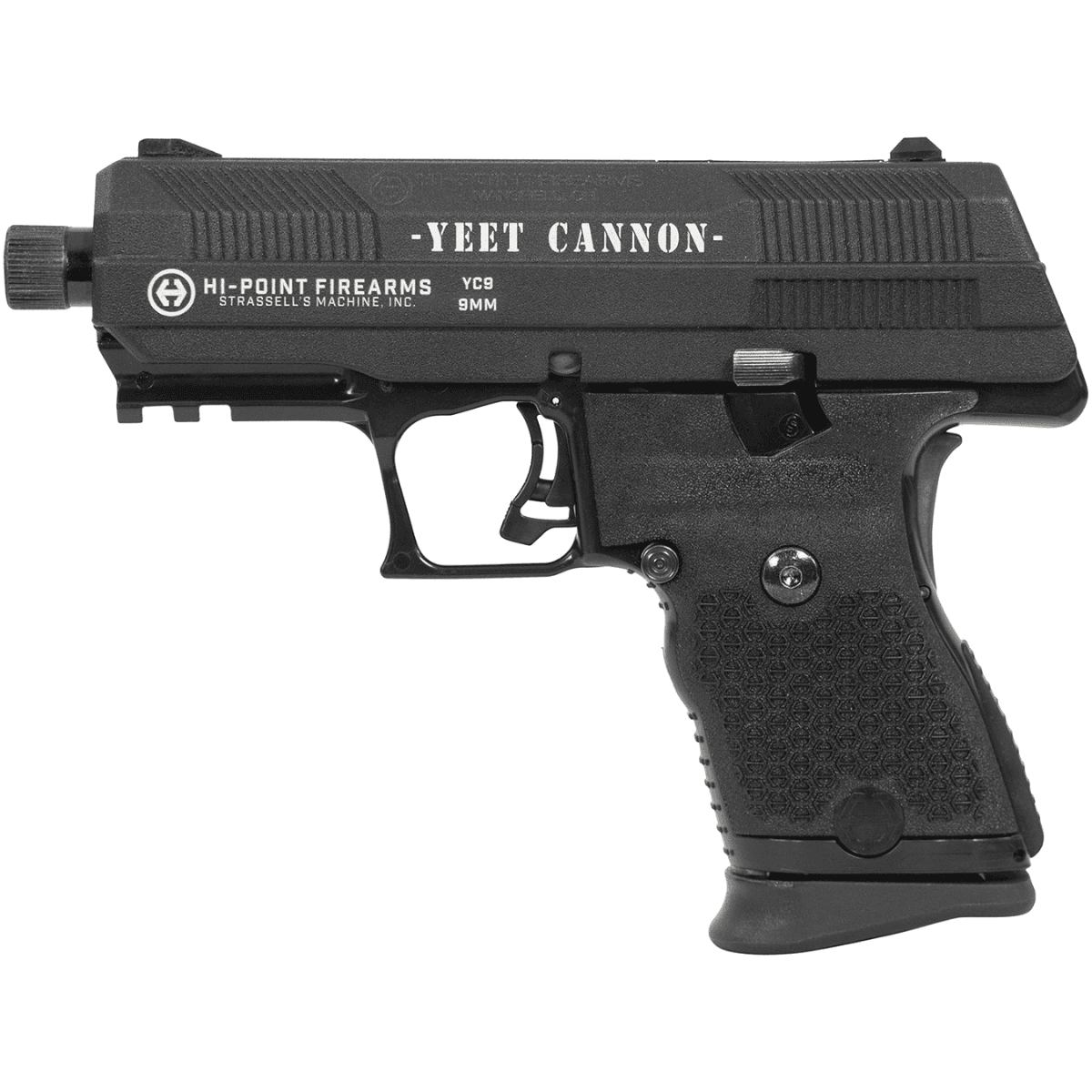 Hi-Point YC9 9mm Luger 10+1 4.12" Black Steel Threaded Barrel, Black w/Engraved "Yeet Cannon" YC9 Styled/Serrated Slide, Black Polymer Frame w/Picatinny Rail, Black Plastic Grips - YC9YEET Hi-Point YC9 9mm Luger 10+1 4.12" Black Steel Threaded Barrel, Black w/Engraved "Yeet Cannon" YC9 Styled/Serrated Slide, Black Polymer Frame w/Picatinny Rail, Black Plastic Grips - YC9YEET