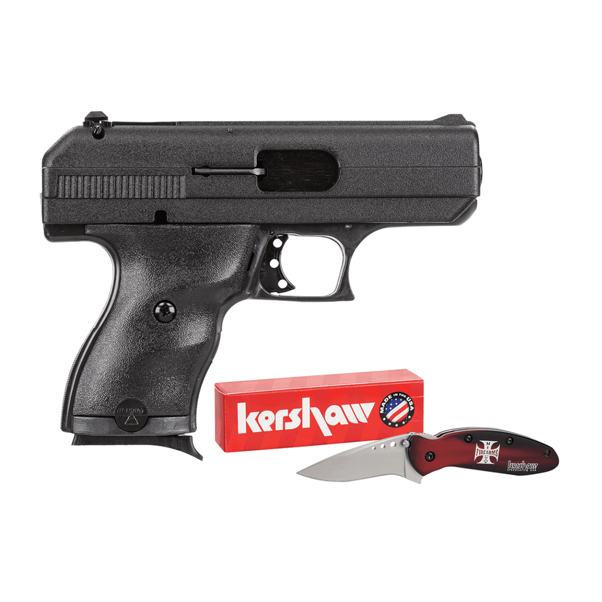 Hi-Point C9 w/Knife - 9mm Luger, 8+1 Capacity, 3.50" Black Steel w/Integral Compensator Barrel - Black Powder Coated Serrated Steel Slide, Polymer Frame & Grip - 916HCKNIFE Hi-Point C9 w/Knife - 9mm Luger, 8+1 Capacity, 3.50" Black Steel w/Integral Compensator Barrel - Black Powder Coated Serrated Steel Slide, Polymer Frame & Grip - 916HCKNIFE