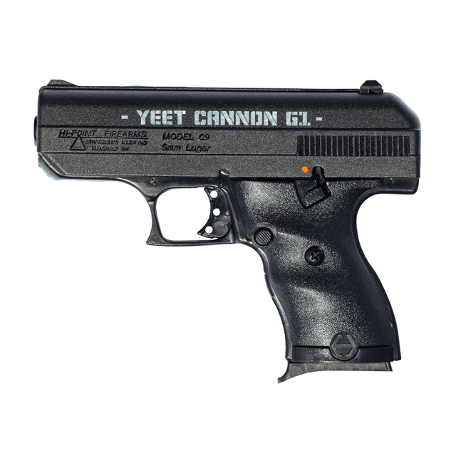 Hi-Point Yeet Cannon G1 - 9mm Luger, 8+1 Capacity, 3.50" Black Steel Barrel - Black Serrated w/Engraving Steel Slide, Polymer Frame, Polymer Grip - 916G1YC Hi-Point Yeet Cannon G1 - 9mm Luger, 8+1 Capacity, 3.50" Black Steel Barrel - Black Serrated w/Engraving Steel Slide, Polymer Frame, Polymer Grip - 916G1YC