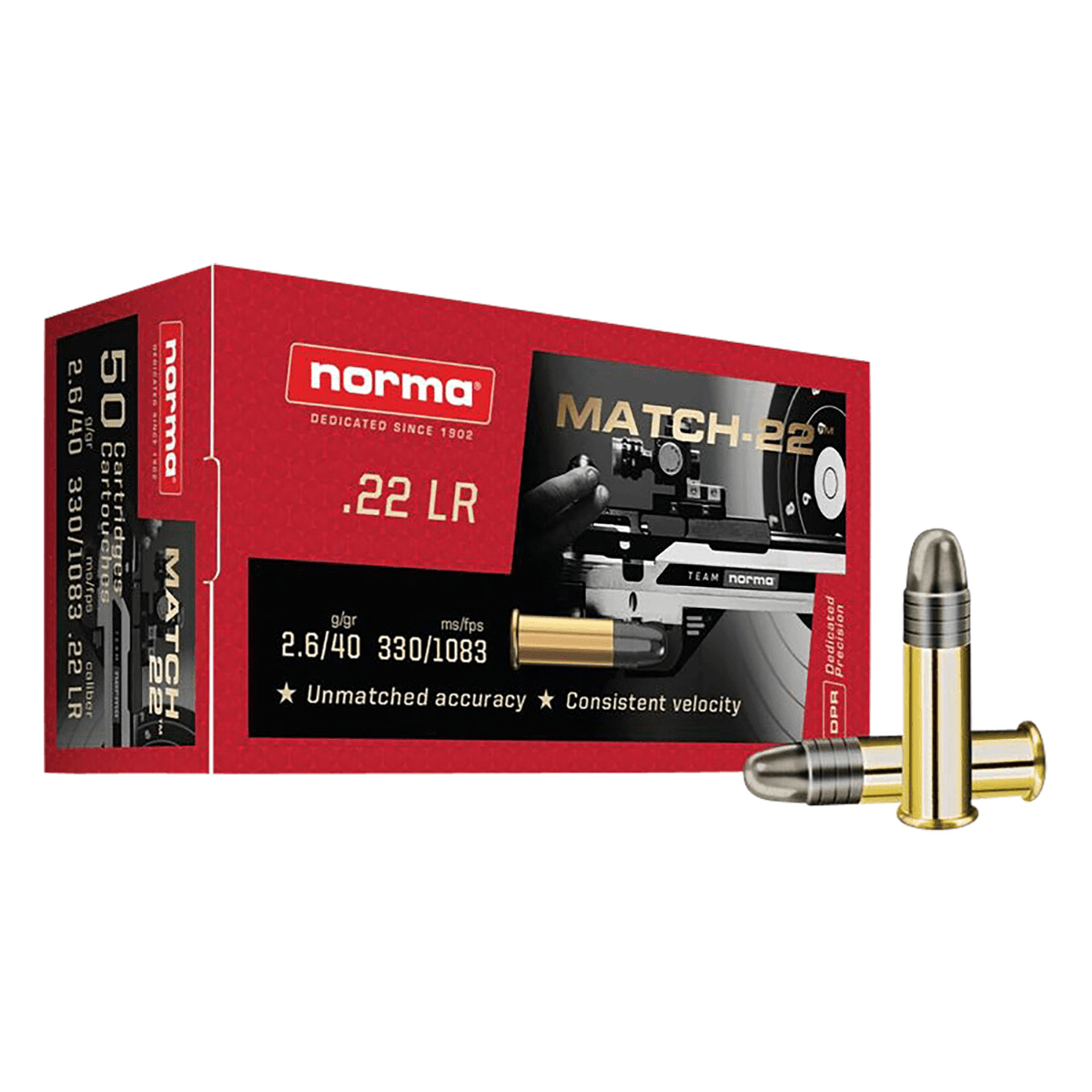 Norma Ammunition Dedicated Precision Match 22 LR 40 gr Lead Round Nose - 50 Per Box Norma Ammunition Dedicated Precision Match 22 LR 40 gr Lead Round Nose - 50 Per Box