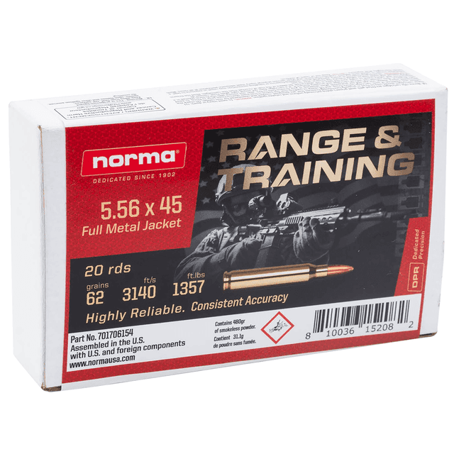 Norma Ammunition 701706154 Range & Training 5.56x45mm NATO 62 gr FMJ 20 Per Box Norma Ammunition 701706154 Range & Training 5.56x45mm NATO 62 gr FMJ 20 Per Box
