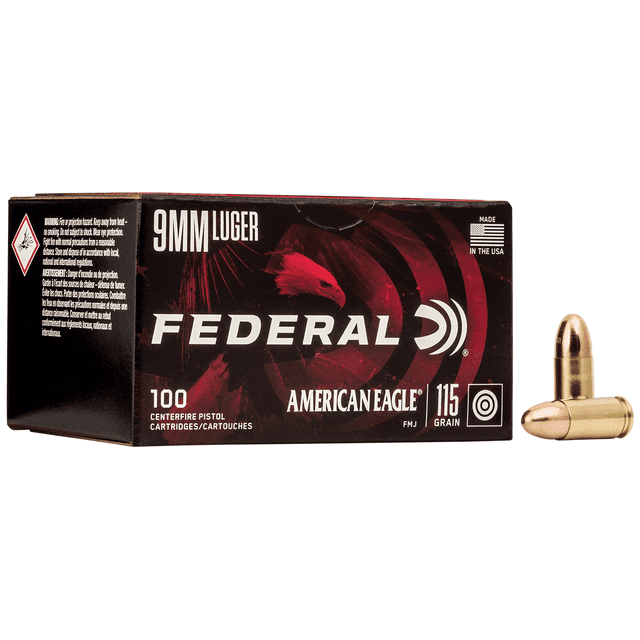 Federal American Eagle Handgun 9mm Luger 115 gr Full Metal Jacket 100 Per Box AE9DP100 Federal American Eagle Handgun 9mm Luger 115 gr Full Metal Jacket 100 Per Box AE9DP100