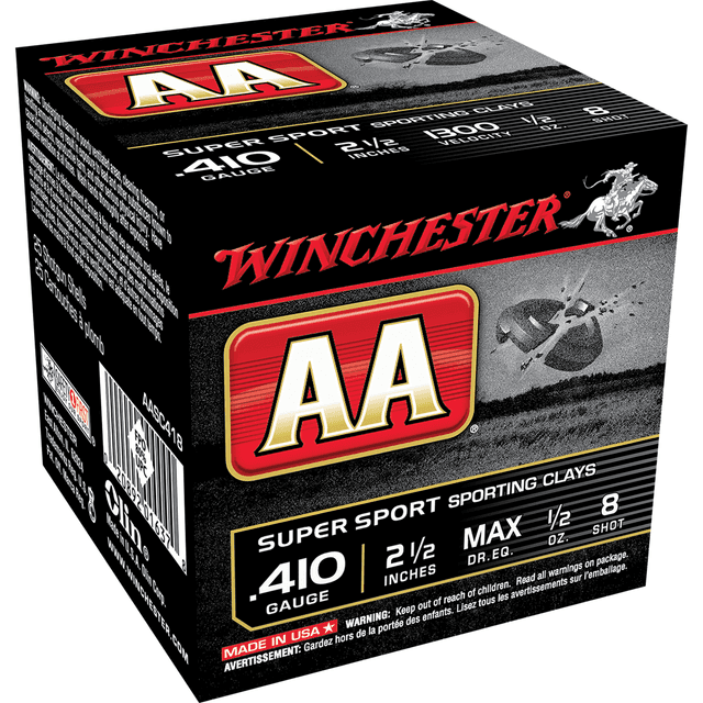 Winchester Ammo AASC418 AA Super Sport 410 Gauge Shotgun Ammo 2.5" 1/2 oz 8 Shot 25 Rounds Winchester Ammo AASC418 AA Super Sport 410 Gauge Shotgun Ammo 2.5" 1/2 oz 8 Shot 25 Rounds