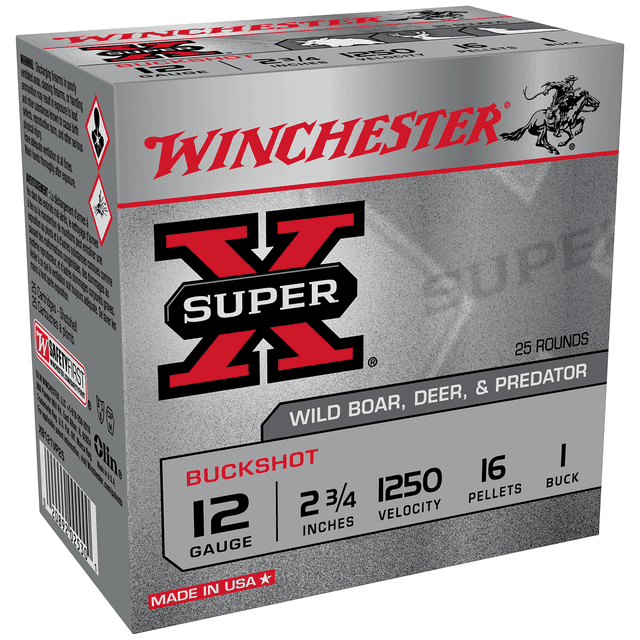 Winchester Ammo XB121VP25 Super X 12 Gauge 2.75" 16 Pellets 1 Buck Shot 25 per Box Winchester Ammo XB121VP25 Super X 12 Gauge 2.75" 16 Pellets 1 Buck Shot 25 per Box