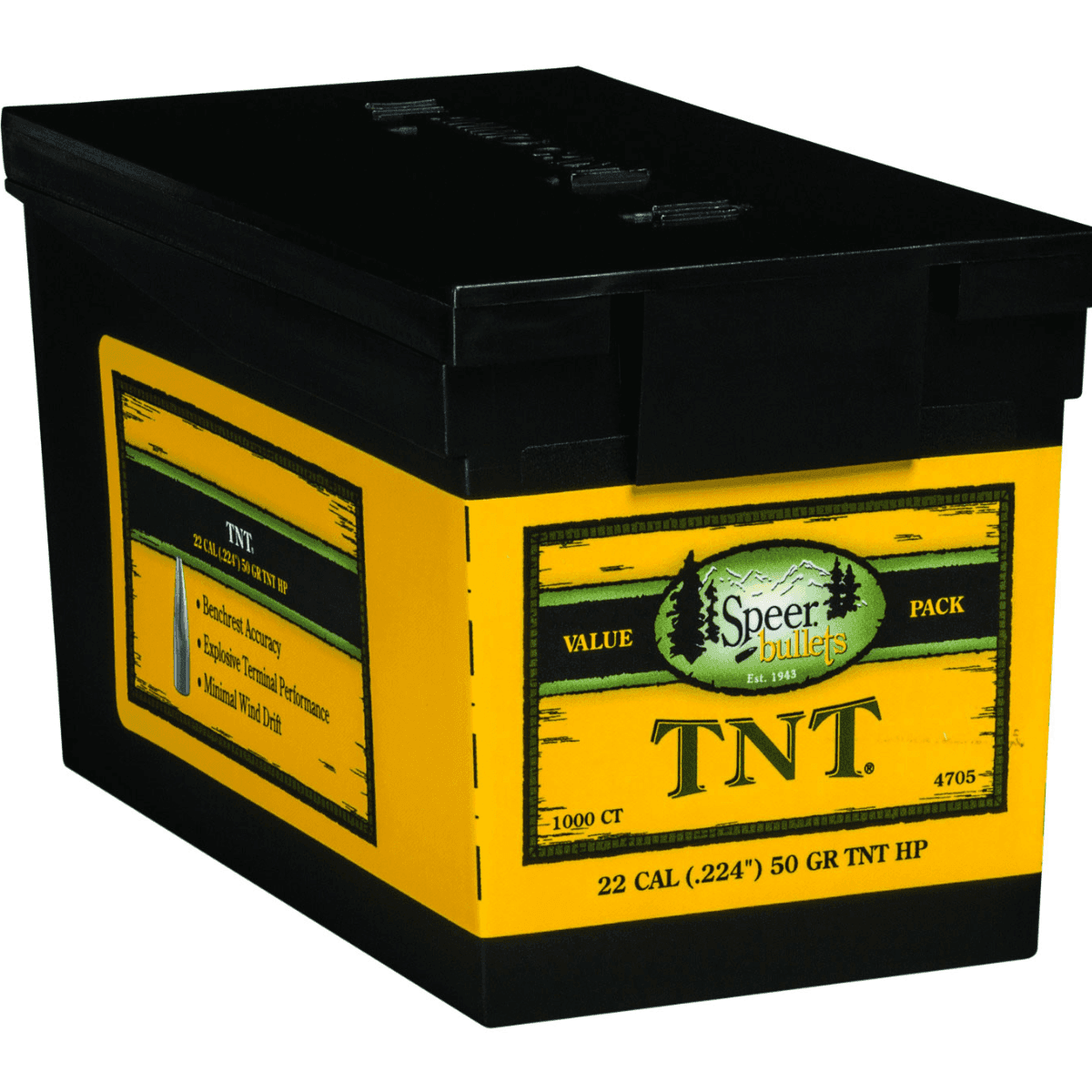 Speer TNT Varmint 22 Caliber, .224, 50 grain - 1000 Box - 4705 Speer TNT Varmint 22 Caliber, .224, 50 grain - 1000 Box - 4705