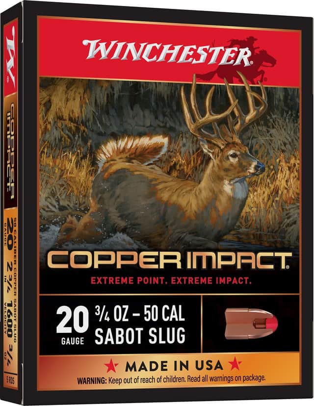 Winchester Ammo Copper Impact 20 Gauge 2.75" 3/4 oz Sabot Slug Shot - X20CLF Winchester Ammo Copper Impact 20 Gauge 2.75" 3/4 oz Sabot Slug Shot - X20CLF