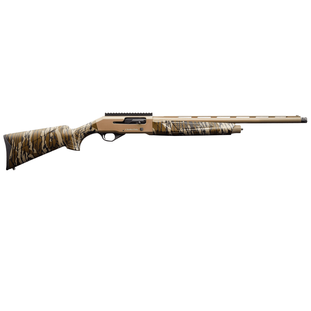 Charles Daly 601 12 Gauge Shotgun with 24" Vent Rib Barrel, Flat Dark Earth Aluminum Receiver, Mossy Oak Bottomland Synthetic Stock, Fiber Optic Front/Picatinny Rail Rear - 930313 Charles Daly 601 12 Gauge Shotgun with 24" Vent Rib Barrel, Flat Dark Earth Aluminum Receiver, Mossy Oak Bottomland Synthetic Stock, Fiber Optic Front/Picatinny Rail Rear - 930313
