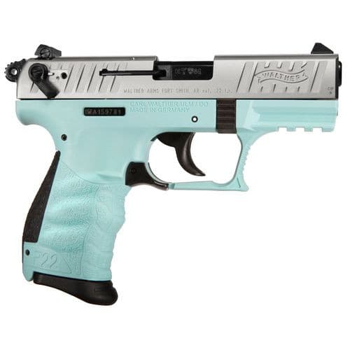Walther Arms 5120760 P-22 Q 22 LR 3.42" 10+1 Angel Blue Stainless Steel Slide Black Interchangeable Backstrap Grip Walther Arms 5120760 P-22 Q 22 LR 3.42" 10+1 Angel Blue Stainless Steel Slide Black Interchangeable Backstrap Grip