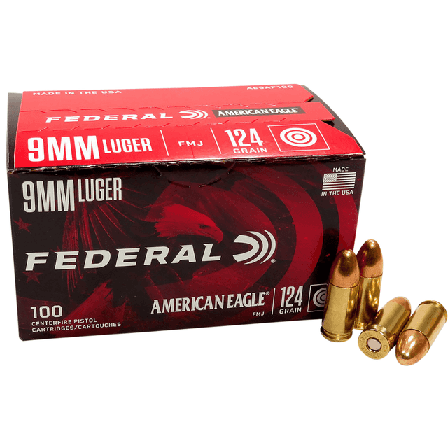 Federal American Eagle Handgun 9mm Luger 124 grain, 100 Per Box - AE9AP100 Federal American Eagle Handgun 9mm Luger 124 grain, 100 Per Box - AE9AP100