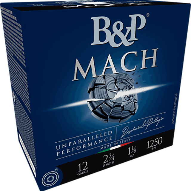 B&P Ammunition Mach 12 Gauge 2.75" 7/8 oz 9 Shot, 25 Per Box / 10 Per Case - 12B78F29 B&P Ammunition Mach 12 Gauge 2.75" 7/8 oz 9 Shot, 25 Per Box / 10 Per Case - 12B78F29