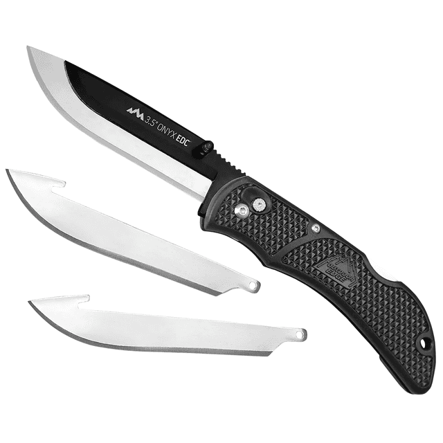 Outdoor Edge OX10C Onyx 3 Blades, 3.50" Folding Drop Point Plain Satin/Black Oxide 420J2 SS Blade, 4.50" Black Textured Grivory Handle Outdoor Edge OX10C Onyx 3 Blades, 3.50" Folding Drop Point Plain Satin/Black Oxide 420J2 SS Blade, 4.50" Black Textured Grivory Handle