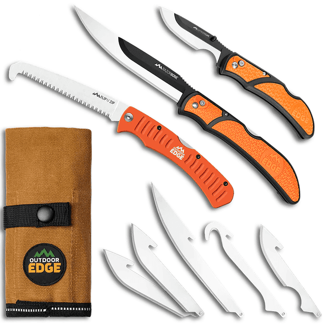 Outdoor Edge RGP1 RazorGuide Hunters Combo Kit 8 Blades, Folding Boning/Caping/Drop Point/Gutting Satin/Black Oxide 420J2 SS Blades Outdoor Edge RGP1 RazorGuide Hunters Combo Kit 8 Blades, Folding Boning/Caping/Drop Point/Gutting Satin/Black Oxide 420J2 SS Blades