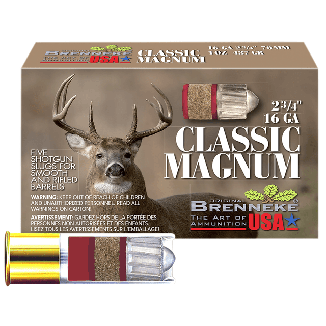 Brenneke SL162CLM Classic Magnum 16Gauge 2.75" 1oz Slug Shot 5 Per Box/50 Case Brenneke SL162CLM Classic Magnum 16Gauge 2.75" 1oz Slug Shot 5 Per Box/50 Case