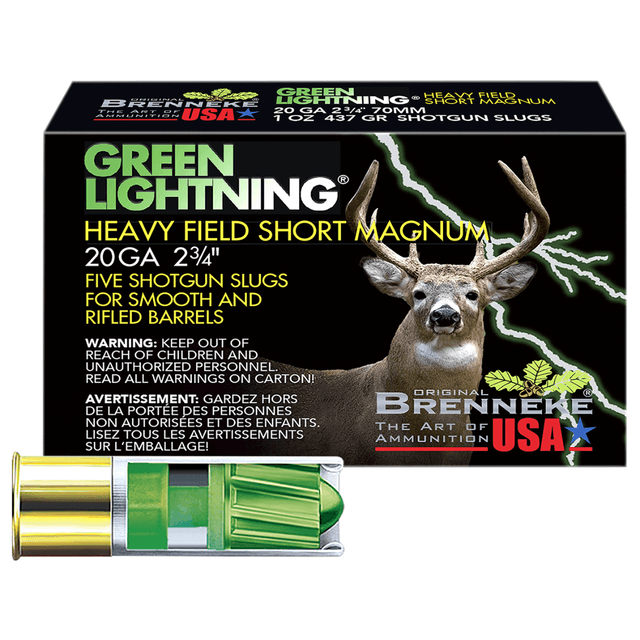 Brenneke Green Lightning Heavy Field Short Magnum 20 Gauge Shotgun Slug - 2.75" 1oz - 5 Per Box/50 Case - SL202HFSGL Brenneke Green Lightning Heavy Field Short Magnum 20 Gauge Shotgun Slug - 2.75" 1oz - 5 Per Box/50 Case - SL202HFSGL