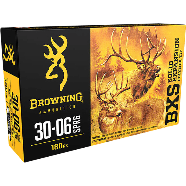 Browning BXS Copper Expansion 30-06 Springfield Ammunition - 180gr Lead Free Solid Expansion Polymer Tip - 20 Per Box/10 Case - B192430061 Browning BXS Copper Expansion 30-06 Springfield Ammunition - 180gr Lead Free Solid Expansion Polymer Tip - 20 Per Box/10 Case - B192430061