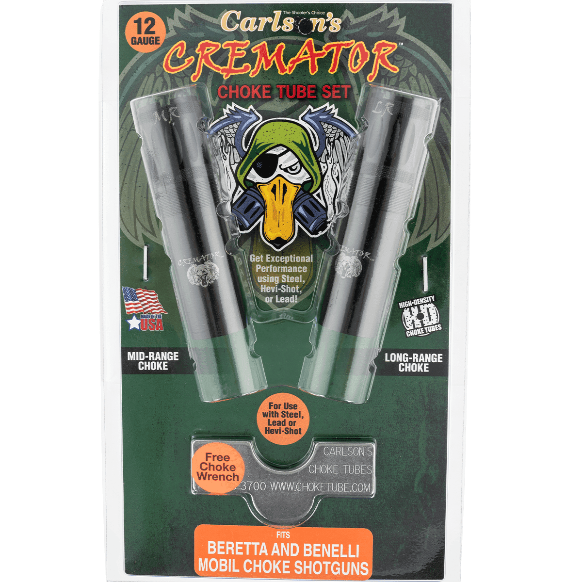 Carlson's Choke Tubes 11612 Cremator Waterfowl Benelli/Beretta MobilChoke 12 Gauge Mid-Range, Long Range 17-4 Stainless Steel Blued (Non-Ported) 2 Per Pack Carlson's Choke Tubes 11612 Cremator Waterfowl Benelli/Beretta MobilChoke 12 Gauge Mid-Range, Long Range 17-4 Stainless Steel Blued (Non-Ported) 2 Per Pack