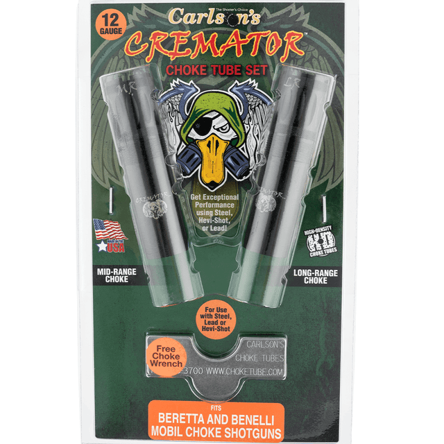 Carlson's Choke Tubes 11612 Cremator Waterfowl Benelli/Beretta MobilChoke 12 Gauge Mid-Range, Long Range 17-4 Stainless Steel Blued (Non-Ported) 2 Per Pack Carlson's Choke Tubes 11612 Cremator Waterfowl Benelli/Beretta MobilChoke 12 Gauge Mid-Range, Long Range 17-4 Stainless Steel Blued (Non-Ported) 2 Per Pack