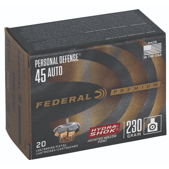 Federal Premium Personal Defense .45 ACP 230gr Hydra-Shok Jacketed Hollow Point, 20 Rounds Per Box - P45HS1 Federal Premium Personal Defense .45 ACP 230gr Hydra-Shok Jacketed Hollow Point, 20 Rounds Per Box - P45HS1