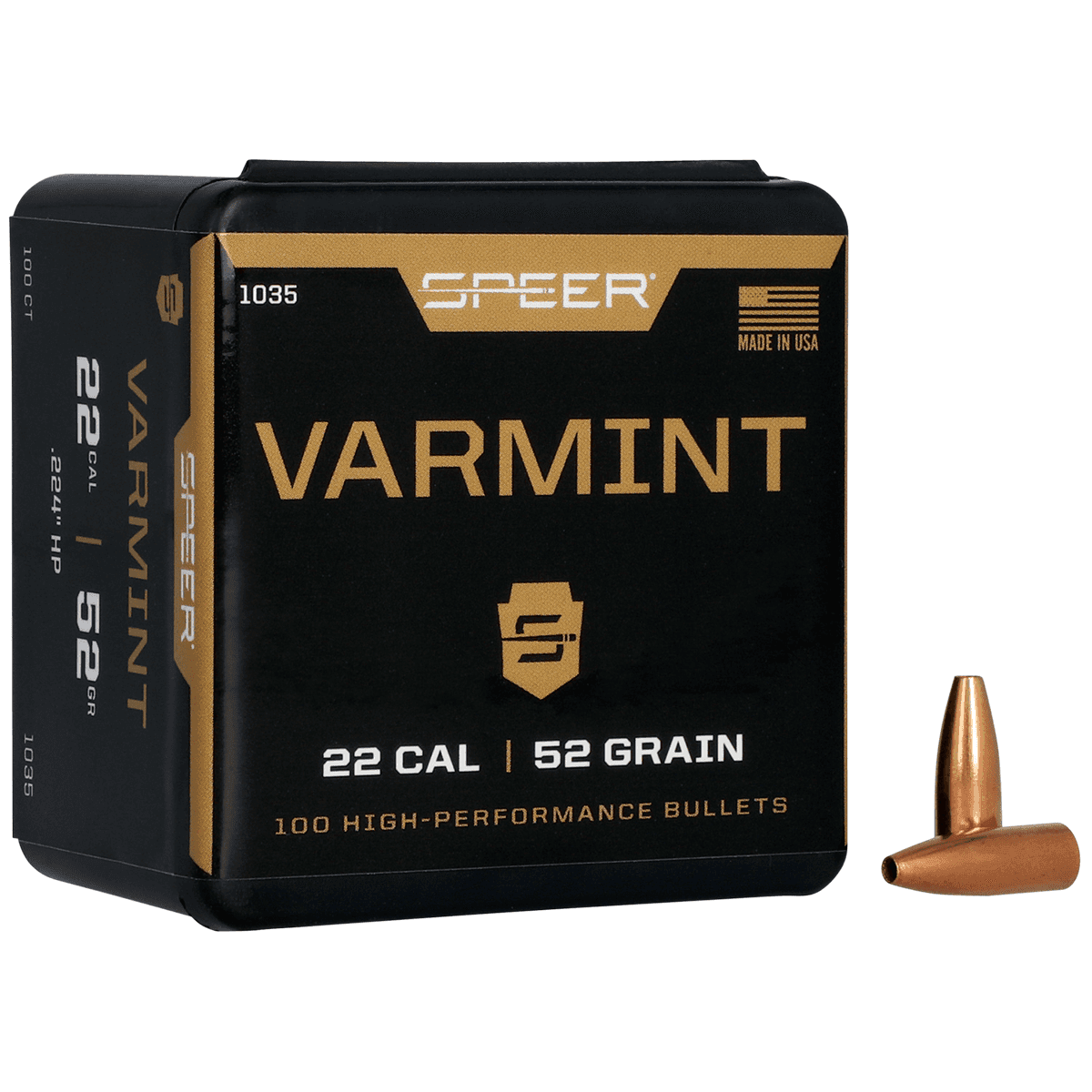 Speer 1035 Varmint 22 Cal .224 52 gr Hollow Point 100 Per Box Speer 1035 Varmint 22 Cal .224 52 gr Hollow Point 100 Per Box
