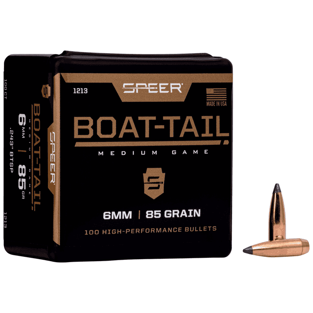Speer 1213 Boat-Tail 6mm .243 85 gr Jacketed Soft Point Boat Tail 100 Per Box Speer 1213 Boat-Tail 6mm .243 85 gr Jacketed Soft Point Boat Tail 100 Per Box