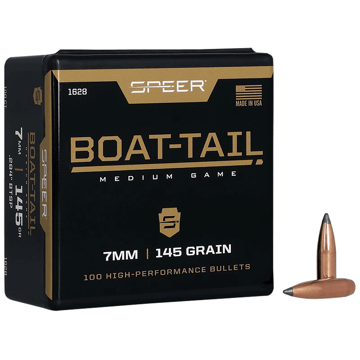 Speer 1628 Boat-Tail 7mm .284 145 gr Jacketed Soft Point Boat Tail 100 Per Box Speer 1628 Boat-Tail 7mm .284 145 gr Jacketed Soft Point Boat Tail 100 Per Box