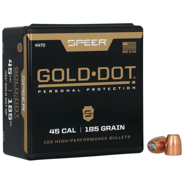 Speer 4470 Gold Dot Personal Protection 45 Cal .451 185 gr Hollow Point 100 Per Box Speer 4470 Gold Dot Personal Protection 45 Cal .451 185 gr Hollow Point 100 Per Box