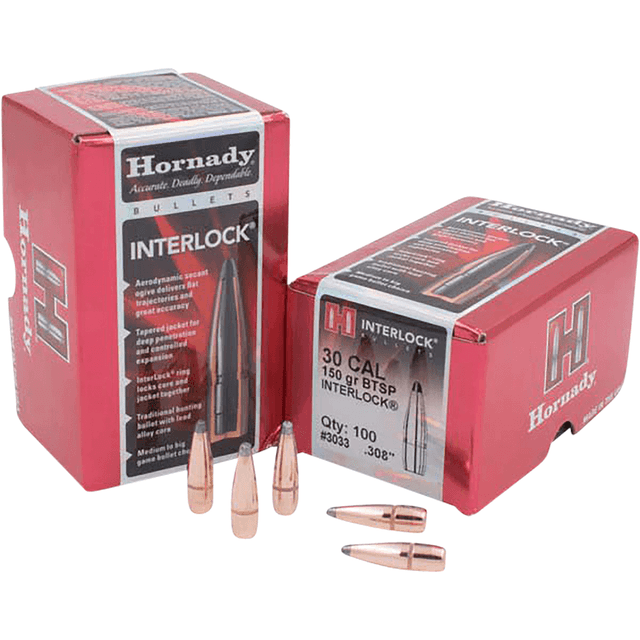 Hornady 3033 InterLock 30 Cal .308 150 gr Boat Tail Soft Point 100 Per Box Hornady 3033 InterLock 30 Cal .308 150 gr Boat Tail Soft Point 100 Per Box