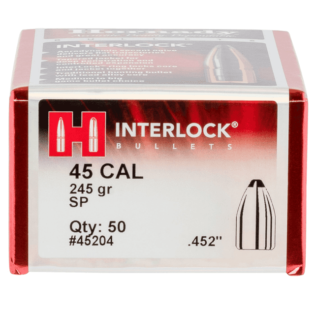 Hornady 45204 InterLock 45 Cal .452 245 gr Spire Point 50 Per Box Hornady 45204 InterLock 45 Cal .452 245 gr Spire Point 50 Per Box