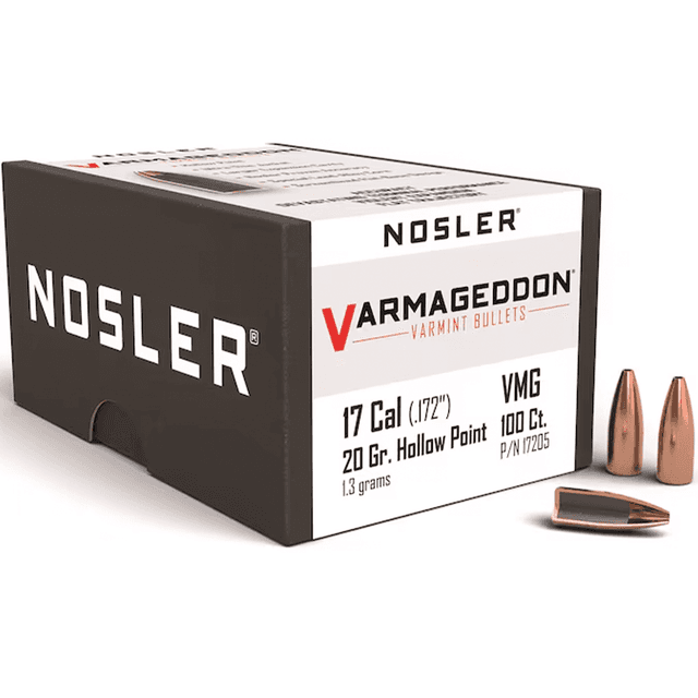 Nosler 17205 Varmageddon 17 Cal .172 20 gr Flat Base Hollow Point/ 100 Per Box Nosler 17205 Varmageddon 17 Cal .172 20 gr Flat Base Hollow Point/ 100 Per Box