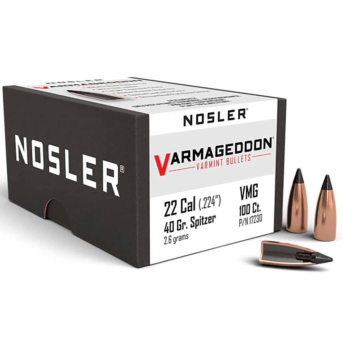 Nosler 17230 Varmageddon 22 Cal .224 40 gr Flat Base Tipped/ 100 Per Box Nosler 17230 Varmageddon 22 Cal .224 40 gr Flat Base Tipped/ 100 Per Box
