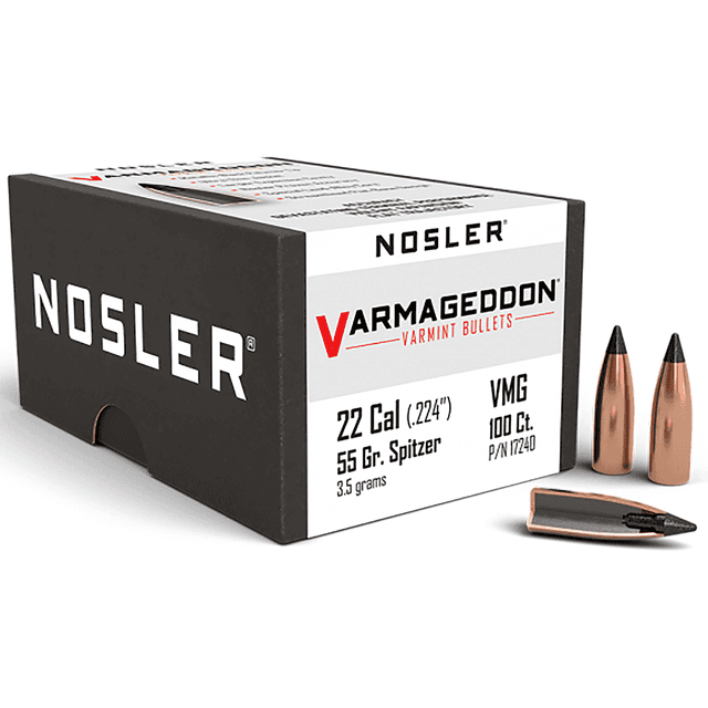 Nosler 17240 Varmageddon 22 Cal .224 55 gr Flat Base Tipped/ 100 Per Box Nosler 17240 Varmageddon 22 Cal .224 55 gr Flat Base Tipped/ 100 Per Box