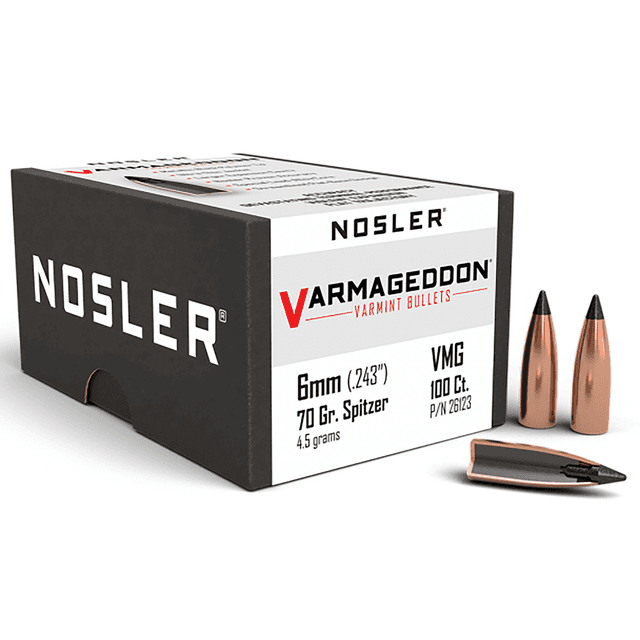 Nosler 26123 Varmageddon 6mm .243 70 gr Flat Base Tipped/ 100 Per Box Nosler 26123 Varmageddon 6mm .243 70 gr Flat Base Tipped/ 100 Per Box