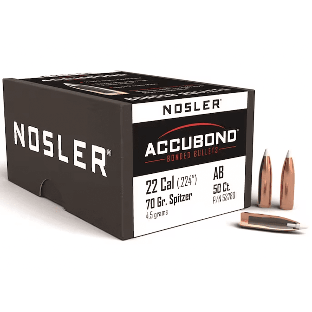 Nosler 53780 AccuBond 22 Cal .224 70 gr Spitzer Point/ 50 Per Box Nosler 53780 AccuBond 22 Cal .224 70 gr Spitzer Point/ 50 Per Box