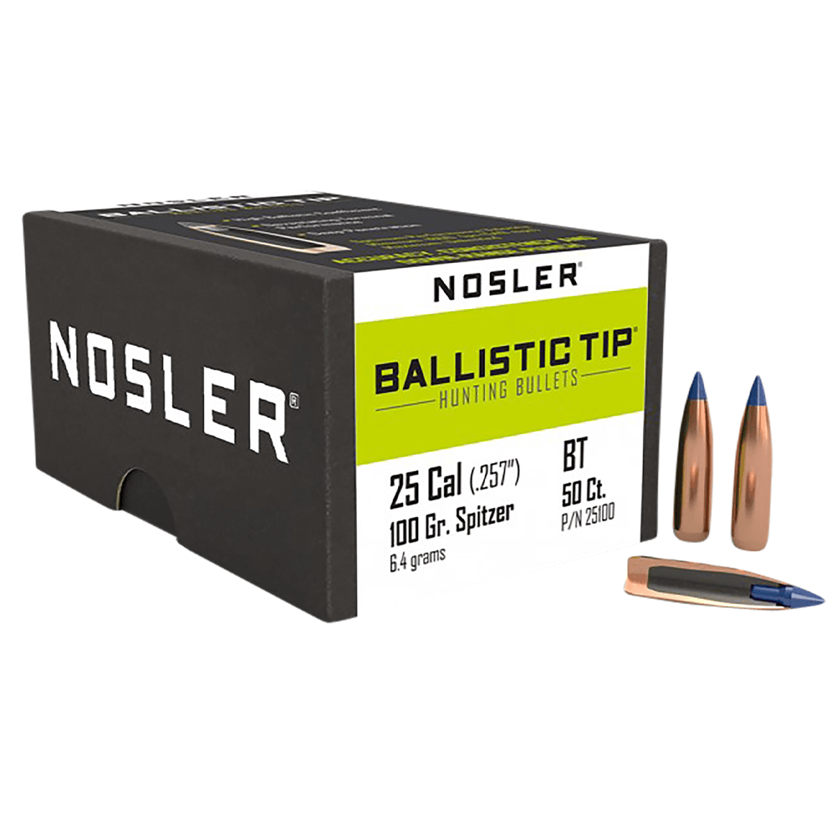 Nosler 25100 Ballistic Tip 25 Caliber .257 100 GR Spitzer/ 50 Per Box Nosler 25100 Ballistic Tip 25 Caliber .257 100 GR Spitzer/ 50 Per Box