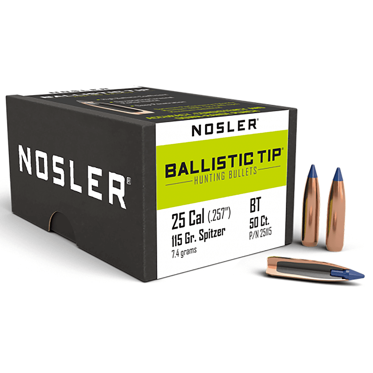 Nosler 25115 Ballistic Tip 25 Cal .257 115 gr Spitzer Point/ 50 Per Box Nosler 25115 Ballistic Tip 25 Cal .257 115 gr Spitzer Point/ 50 Per Box