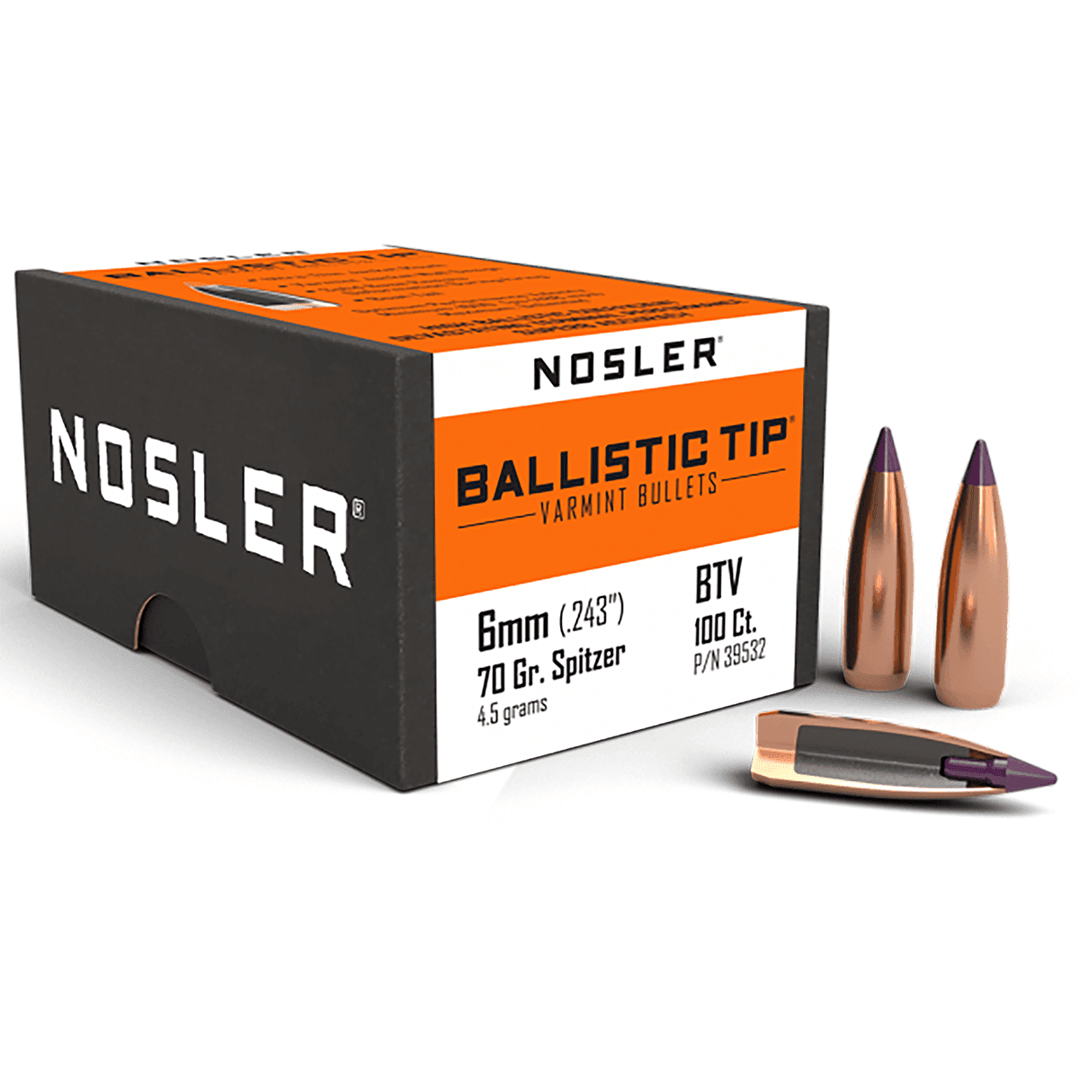 Nosler 39532 Ballistic Tip 6mm .243 70 gr Spitzer Point/ 100 Per Box Nosler 39532 Ballistic Tip 6mm .243 70 gr Spitzer Point/ 100 Per Box