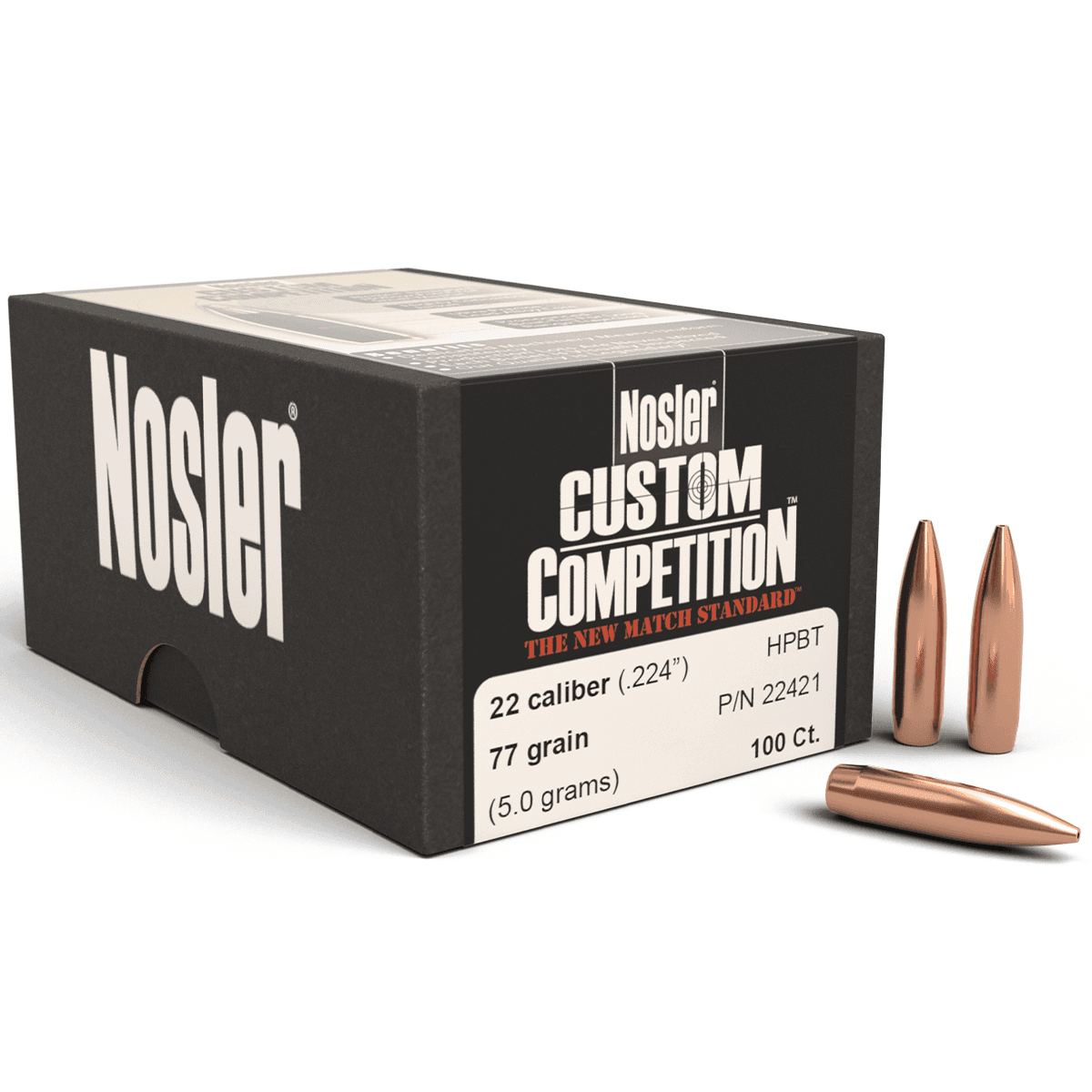 Nosler 22421 Custom Competition 22 Cal .224 77 gr Hollow Point Boat Tail/ 100 Per Box Nosler 22421 Custom Competition 22 Cal .224 77 gr Hollow Point Boat Tail/ 100 Per Box