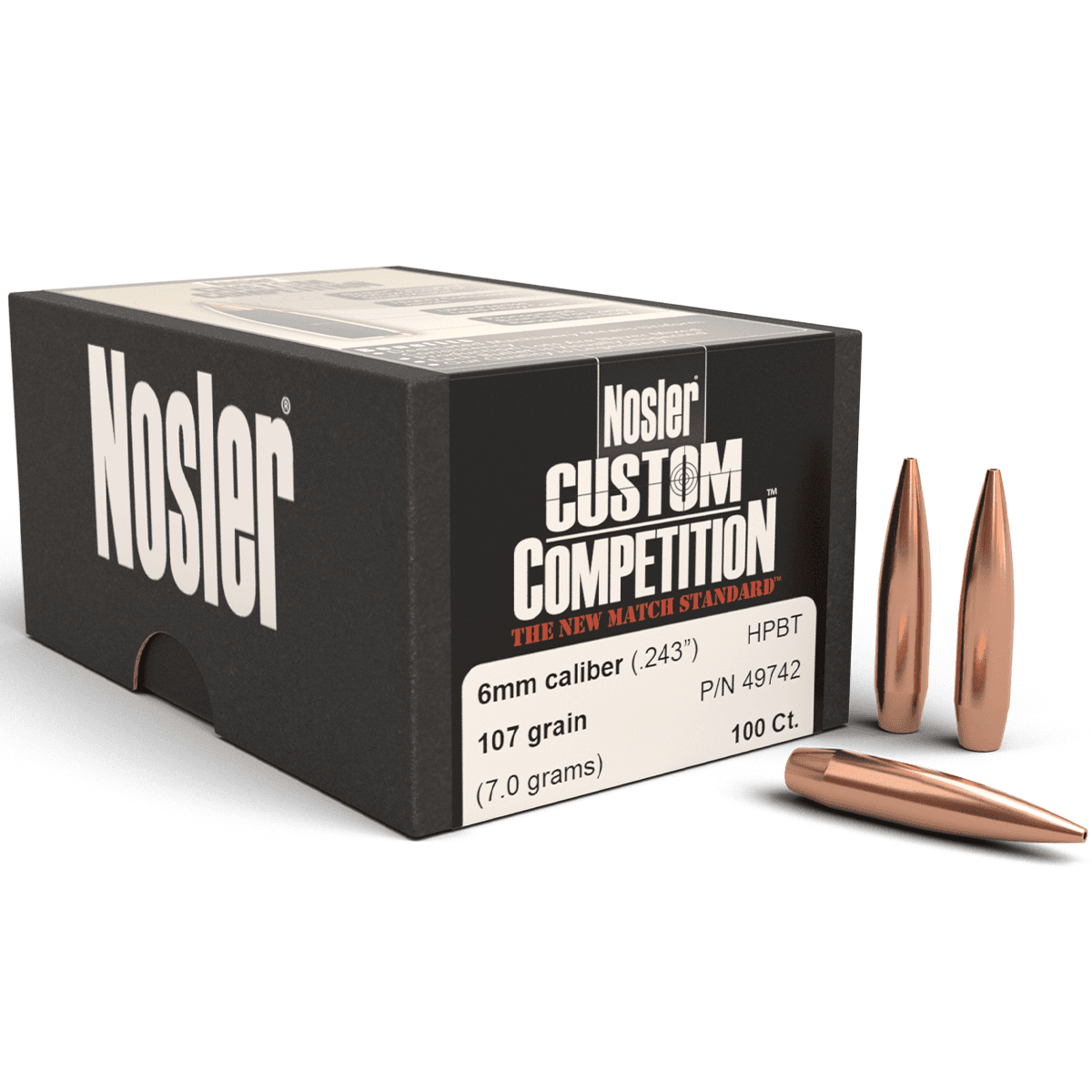 Nosler 49742 Custom Competition 6mm .243 107 gr Hollow Point Boat Tail/ 100 Per Box Nosler 49742 Custom Competition 6mm .243 107 gr Hollow Point Boat Tail/ 100 Per Box