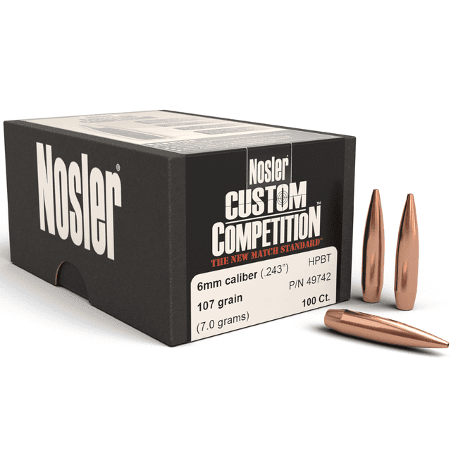 Nosler 49742 Custom Competition 6mm .243 107 gr Hollow Point Boat Tail/ 100 Per Box Nosler 49742 Custom Competition 6mm .243 107 gr Hollow Point Boat Tail/ 100 Per Box
