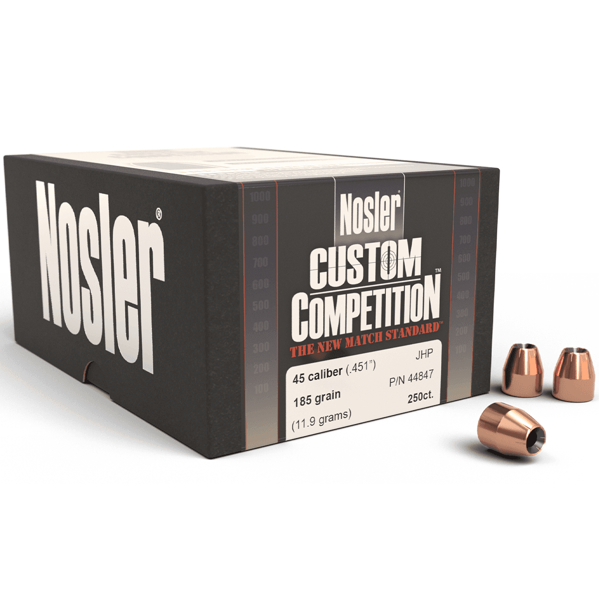 Nosler 44847 Custom Competition 45 Cal .451 185 gr Jacketed Hollow Point/ 250 Per Box Nosler 44847 Custom Competition 45 Cal .451 185 gr Jacketed Hollow Point/ 250 Per Box